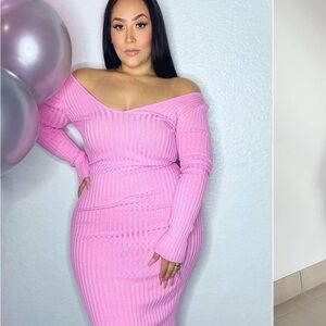 Off-Shoulder Pink Ribbed Dress